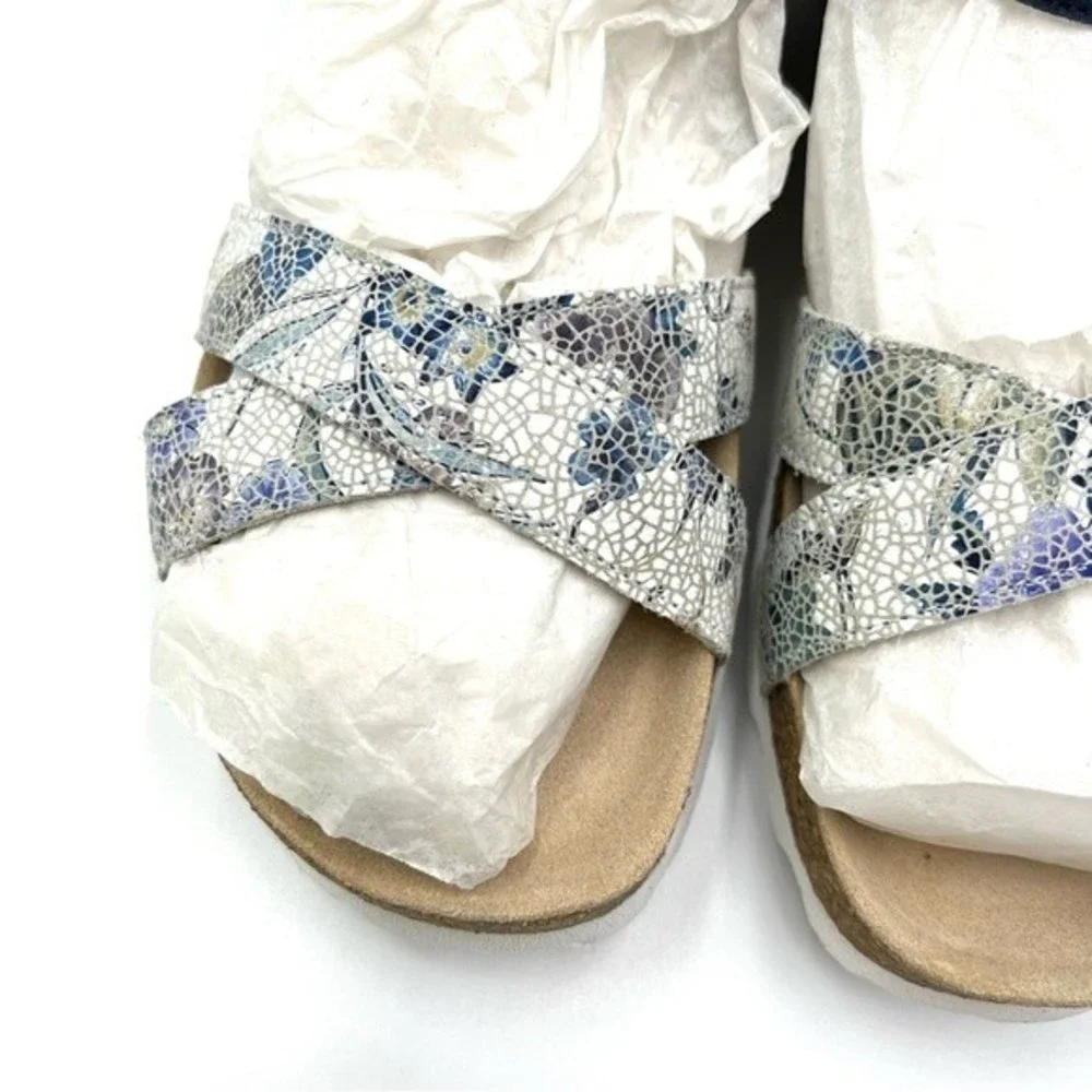 Mephisto Womens Size 10 Stela Blue Leather Floral‎ Crackle Comfort Sandals NEW